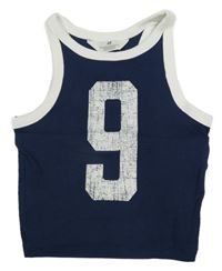 Tmavomodro-bílý žebrovaný crop top s číslem H&M
