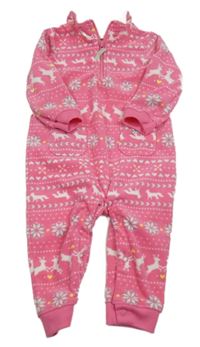 Růžová vzorovaná plyšová kombinéza se zvířátky a vločkami carter's