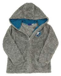 Šedo-bílá melírovaná chlupatá bunda s nášivkou a kapucí lupilu