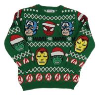 Tmavozelený vzorovaný pletený svetr s Avengers s vánočním motivem MARVEL