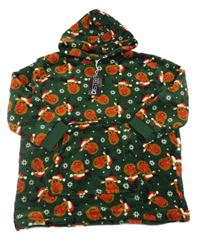 Nové - smaragdová plyšová oversize dlouhá mikina se soby a kapsou a kapucí DISTRA