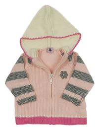 Světlerůžovo-růžovo-šedý pletený propínací svetr s květem a pruhy a kapucí 