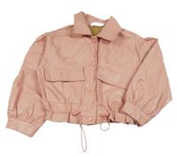 Pudrová koženková crop bunda s límečkem 