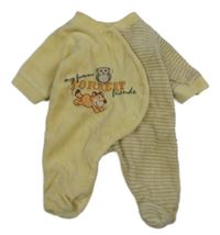 Světležluto/hnědý sametový overal s liškou a sovičkou a nápisy a pruhy 