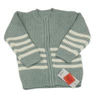 Nové - Olivovošedý melírovaný žebrovaný propínací svetr se smetanovými pruhy George