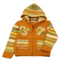 Oranžovo-pruhovaný vlněný propínací svetr s číslem a 3D květy a kapucí