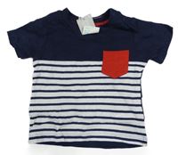 Nové - bílo-tmavomodré pruhované tričko s kapsou PRIMARK