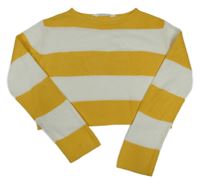 Tmavožluto-bílý pruhovaný žebrovaný pletený oversize crop svetr H&M