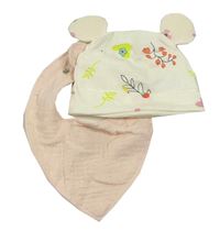 2set - Smetanová květovaná bavlněná čepice s Minnie + světlerůžový mušelínový slinták