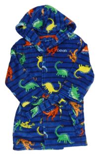 Modro-tmavomodrý pruhovaný chlupatý župan s dinosaury a kapucí