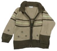 Světlehnědý propínací svetr s pruhy a výšivkami vloček