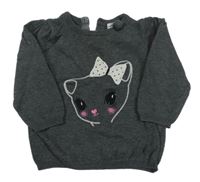 Tmavošedý melírovaný svetr s kočkou s mašlí H&M