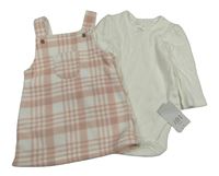 Nové - 2set - Růžovo-bílé kostkované fleecové šaty + smetanové žebrované body George