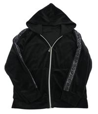 Černá plyšová propínací mikina s kamínky a kapucí