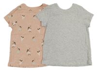 2x tričko - růžové s baletkami + světlešedé melírované F&F