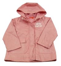 Růžová puntíkatá nepromokavá jarní bunda s duhou a kapucí