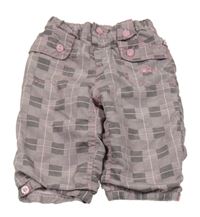 Růžovo-černé kostkované šusťákové podšité kalhoty s květy