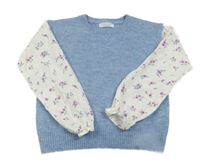 Modrá melírovaná svetrová vesta s halenkovými květovanými rukávy Primark