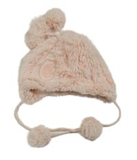 Světlerůžová chlupatá podšitá čepice s bambulkami 
