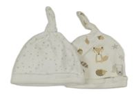 2x čepice - bílá s hvězdičkami + bílá se zvířaty 