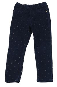 Tmavomodré elastické manšestráky se zlatými srdíčky 