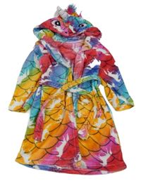 Barevný vzorovaný chlupatý župan s kapucí - jednorožec 