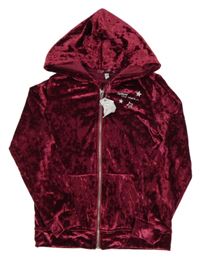 Nové - vínová sametová propínací mikina s kapucí Pocopiano