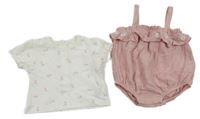 2 set - bílé tričko s kvítky + růžový kraťasový overal s kvítky George