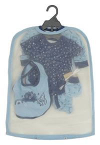 Nové - 4 set - Tmavomodré body s hvězdami + světlemodrý overal s diny + světlemodrý bryndák s dinem + světlemodré rukavice Lily&Jack