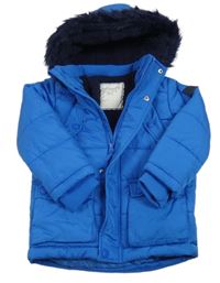 Modrá šusťáková zimní bunda s kapucí a kožíškem Mothercare