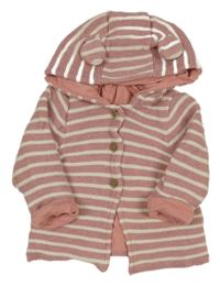 Růžovo-bílý poruhovaný propínací podšitý svetr s kapucí Tu