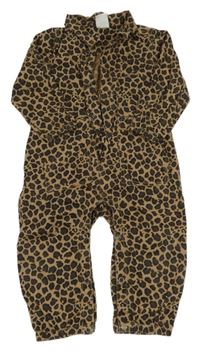 Béžovo-hnědo-černý riflový overal s leopardím vzorem 