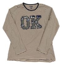 Béžovo-tmavomodré pruhované triko s nápisem z flitrů Tchibo