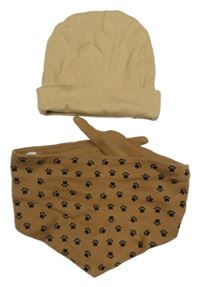 2set - Smetanová žebrovaná čepice + hnědý šátek s tlapkami 