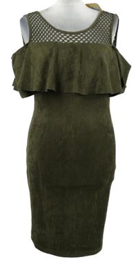 Nové - Dámské khaki semišové pouzdrové šaty se síťovanými ramínky a volánkem 