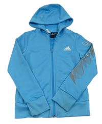 Azurová sportovní propínací mikina s potiskem a kapucí Adidas