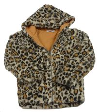 Smetanová chlupatá zateplená bunda s leopardím vzorem a kapucí Dirje
