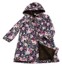 Tmavomodrá květinová zateplená bunda s jednorožci a kapucí 