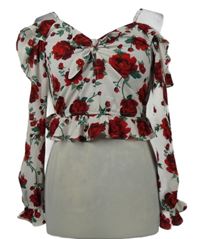 Dámská bílá crop halenka s květy a volnými rameny H&M