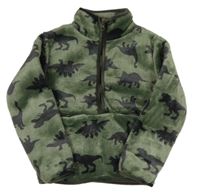 Khaki plyšová mikina s dinosaury a stojáčkem 
