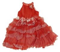 Červeno-bílé tylové slavnostní šaty s květy a korálky 