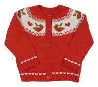 Červeno-bílý propínací svetr s ptáčky a srdíčky Matalan