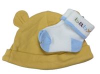 2set - Písková bavlněná čepice + bílo-modré ponožky 