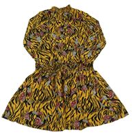 Oranžovo-černé vzorované šaty s květy a hady