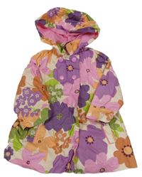 Pudrová nepromokavá jarní parka s květy a kapucí Next 