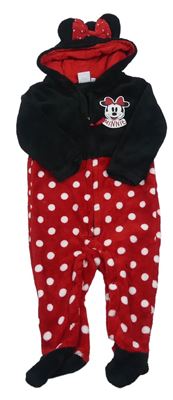 Červeno-černá plyšová kombinéza s Minnie a puntíky a kapucí zn. Disney