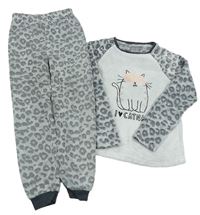 Bílo-šedo-tmavošedé vzorované chlupaté pyžamo s kočičkou PRIMARK