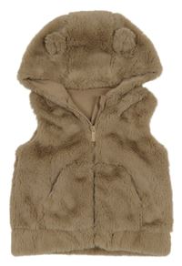 Světlehnědá kožešinová podšitá vesta s kapucí s oušky St. Bernard