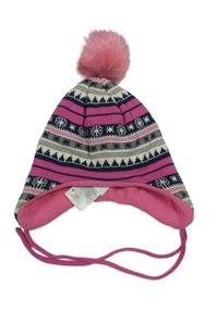 Smetanovo-šedo-tmavomodro/růžová vzorovaná pletená zavazovací čepice s bambulí coolclub