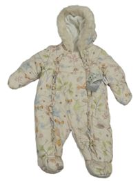 Nové - smetanová prošívaná šusťáková zimní kombinéza s obrázky a volánky a kapucí s kožešinou George